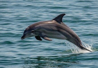 Fototapeta premium A bottlenose dolphin leaps from the shimmering turquoise water, showcasing its sleek body and playful nature in the bright sunlight