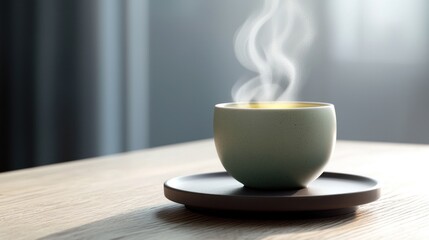 A steaming cup of herbal tea on a minimalist plate