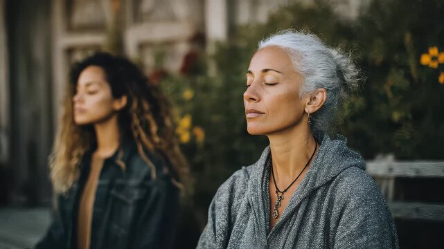Two women practice meditation in a garden during the morning, finding focus and calm in their surroundings while seated in a natural setting