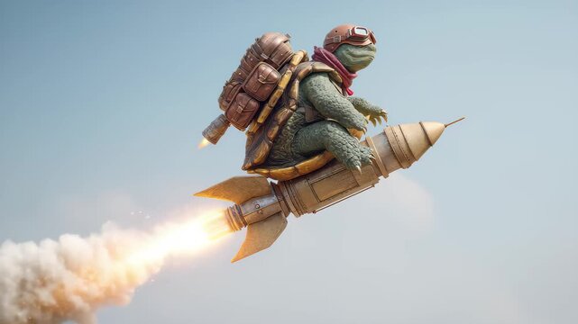 Turtle in a rocket with a backpack takes flight against a blue sky during daytime, showing an adventurous scene of a small creature on an unexpected journey