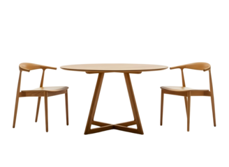 Wooden dining table and chairs isolated on transparent background
