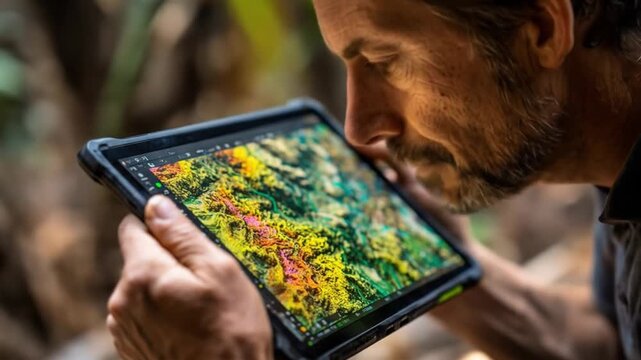 Man examining tablet outdoors with map display concept of technology