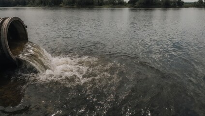 Dark water flows from a large pipe into a lake