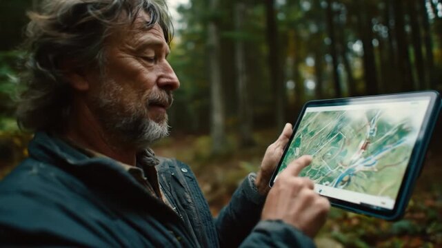 Man examining tablet displaying map in a forest setting