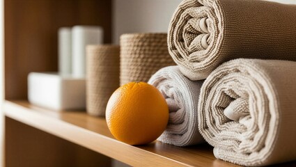 Cozy home essentials with fresh orange on wooden shelf