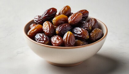 Delicious dates in a bowl on a white surface