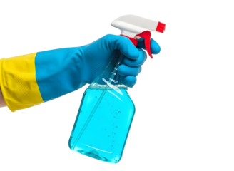 Hand holding spray bottle isolated on transparent background