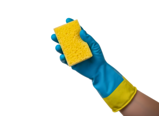 Hand in glove holding sponge isolated on transparent background