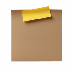 Blank brown kraft paper note with yellow sticky label, empty memo sheet isolated on transparent background.