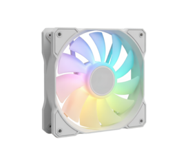Computer cooling fan with rainbow led lighting effect in white frame isolated on transparent background