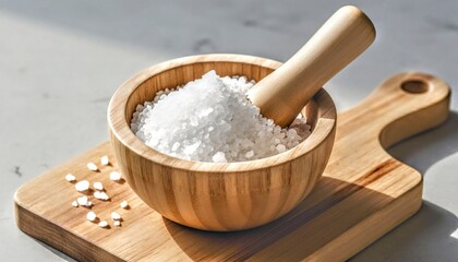 A wooden bowl filled with coarse white salt with a wooden pestle stands on a wooden cutting board.