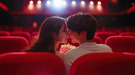 Young romantic loving couple with popcorn watching movie in cinema, relationships and lifestyle concept,bokeh pink heart in cinema,romantic spending time together,valentine day concept.