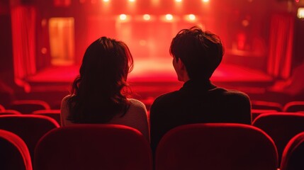 Young romantic loving couple with popcorn watching movie in cinema, relationships and lifestyle concept,bokeh pink heart in cinema,romantic spending time together,valentine day concept.