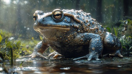 A detailed depiction of a surinam toad in its natural habitat. The amphibian sits near water, surrounded by lush green vegetation, during a light rain, showing texture and wildlife details.