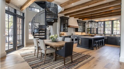 A modern kitchen with a cozy dining space evokes warmth and style. Light dances on the wooden surfaces. Perfect for family gatherings and entertaining. Generative AI