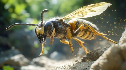 A realistic scene of a mud dauber wasp in flight, showcasing its detailed wings and striped body. The insect is captured mid-air, creating a dynamic and engaging image with natural elements.