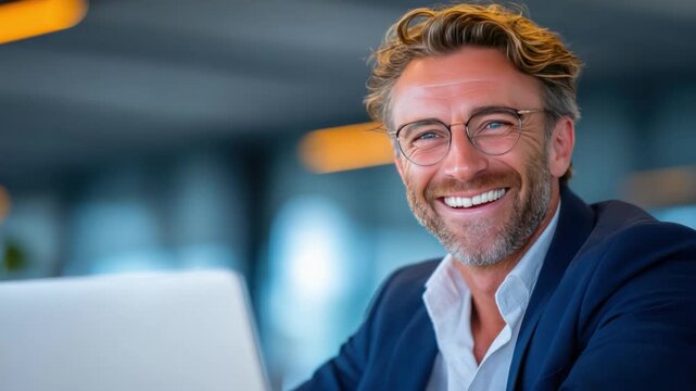 Radiant smile: A confident individual exudes joy and accomplishment, captured in a close-up portrait with a warm, inviting smile, showcasing success, happiness and wellbeing. 