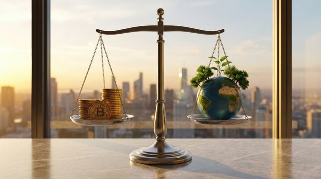 Balanced scale with Bitcoin coins and green planet,illustrating trade-off between cryptocurrency profit and global sustainability in modern economy - Powered by Adobe