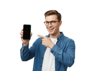 Man wearing glasses and blue denim shirt holding smartphone and pointing to screen
