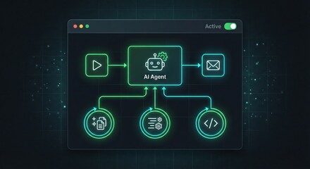 AI agent interface concept with automation icons,representing artificial intelligence managing tasks like communication,data analysis,and coding operations