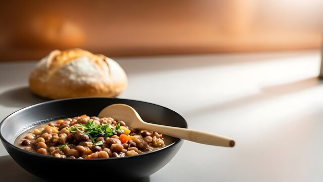 matte dark bowl of grah bean stew in a clean modern kitchen scene. Simple bread in the background, light wooden spoon, minimal props.