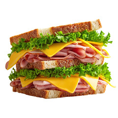 Fresh Ham and Cheese Sandwich with Lettuce on Whole Grain Bread Isolated on Transparent Background