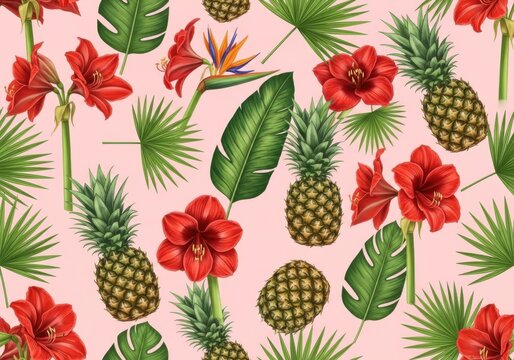 Exotic seamless pattern with tropical flowers, leaves and pineapple on a pink background watercolor hand drawn illustration summer floral design for fabric, wallpaper, wrapping paper - Powered by Adobe