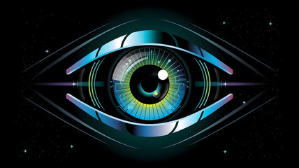 Futuristic Eye with Iris Scanning Technology in Space, eye, iris, scanning, technology, futuristic, space, surveillance, security, blue, green, black, stars, galaxy, innovation, cyber, digital, modern