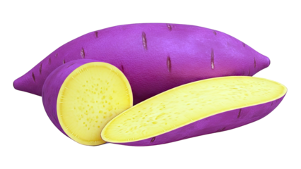 Purple Sweet Potatoes, One Cut Open Showing Yellow Flesh