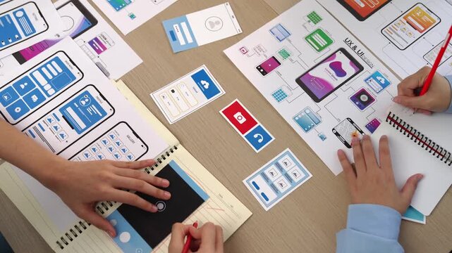 Top view panorama video of startup company employee planning on user interface prototype for mobile application or website in office. UX UI designer brainstorm user friendly interface plan. Synergic