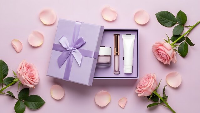 beauty products in a gift box with roses and petals