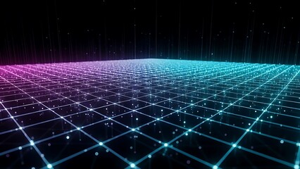 Abstract glowing digital grid network with futuristic data points and vibrant gradient colors extending into the distance.