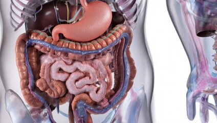 Detailed anatomical view of the digestive system.  Transparent human torso highlighting the internal organs, including stomach, intestines, liver, and other major components of the digestive tract