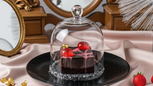 Elegant dark chocolate petit four cake topped with red jelly domes, displayed under a glass cloche on a black textured plate, set against a soft pink and gold vanity background