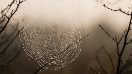 Dew-kissed spiderweb in misty morning light