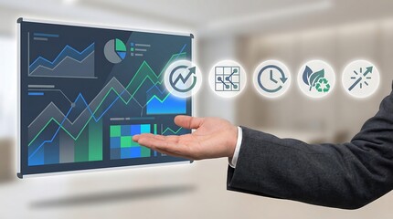Businessman presenting virtual data analysis and statistics on screen