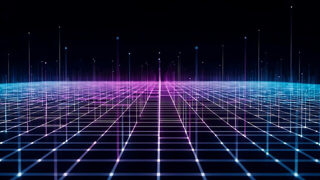 Abstract digital grid with glowing lines and data points extending into a futuristic cyberspace horizon. - Powered by Adobe