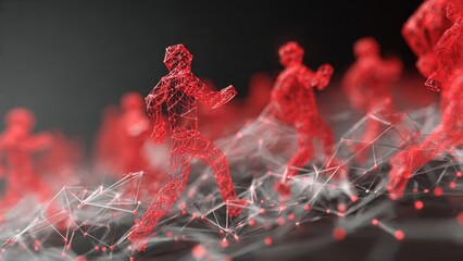 Running with Connectivity: Digitally rendered figures in shades of red, move forward across interconnected networks, symbolizing the dynamic nature of innovation and progress.