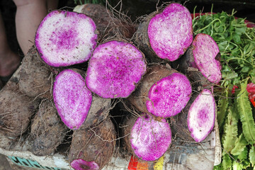closeup view of raw purple yam texture with vibrant violet flesh. exotic dioscorea alata root vegetable cut in half. organic local ingredient for sweet soup dessert.