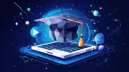 Digital graduation cap on a tablet, surrounded by space elements