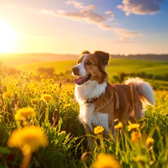 A dog standing in a field of yellow flowers