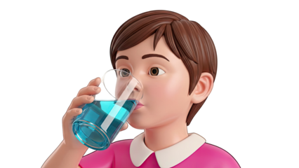Cartoon child drinking from a glass of blue liquid