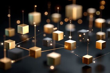 Abstract blockchain with golden cubes and connection lines over black background