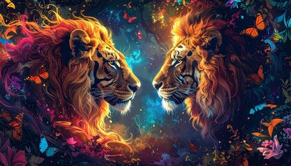 Tiger and lion face each other in a magical forest filled with glowing light, flowers, and butterflies.