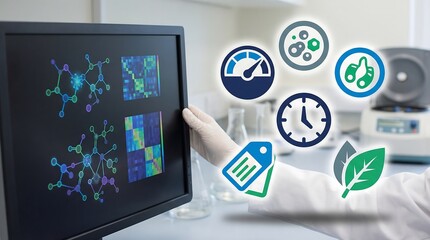 scientist analyzing data on computer screen in laboratory setting with various icons