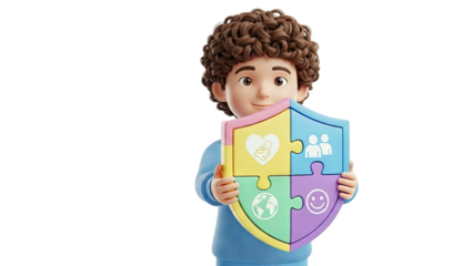 Boy Holding Shield with Four Icons: Family, Earth, Baby, Happiness