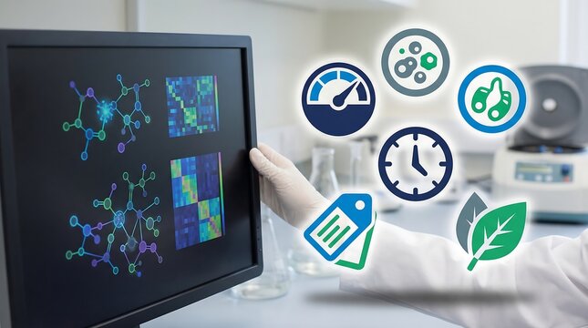 scientist analyzing data on computer screen in laboratory setting with various icons - Powered by Adobe