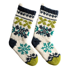 Pair of Knitted Christmas Stockings with Snowflake Patterns Isolated on Transparent Background