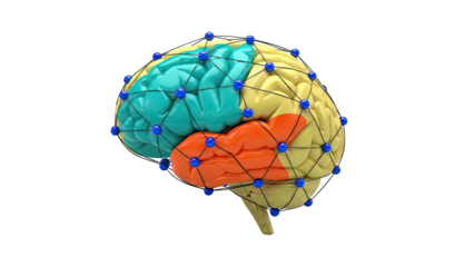 3D rendering of a human brain with highlighted regions and a neural network overlay