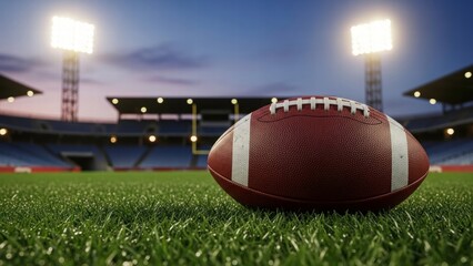 Football on the Field of Dreams: A close-up shot of an American football rests proudly on the green turf of a stadium, illuminated by the bright lights, in anticipation of an epic game.
